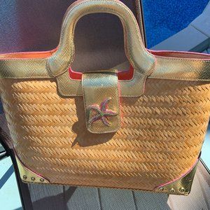 Lilly Pulitzer rare large Straw Starfish Gold Tote Purse Handbag pink lining